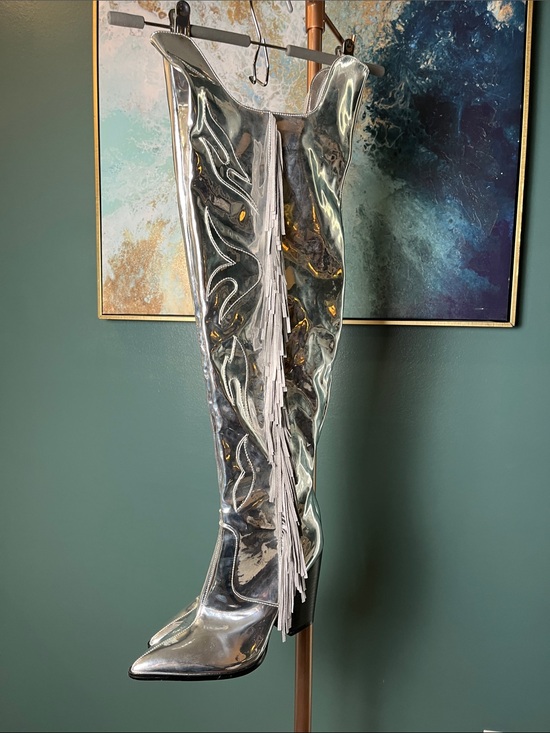 Shoes - Silver Metallic Over-the-Knee Block Heel Cowgirl Boots